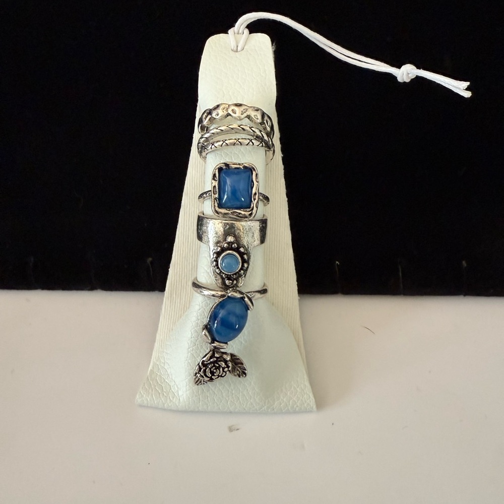 NWT Free People Silver Tone Blue Rings 5pc Set Boho